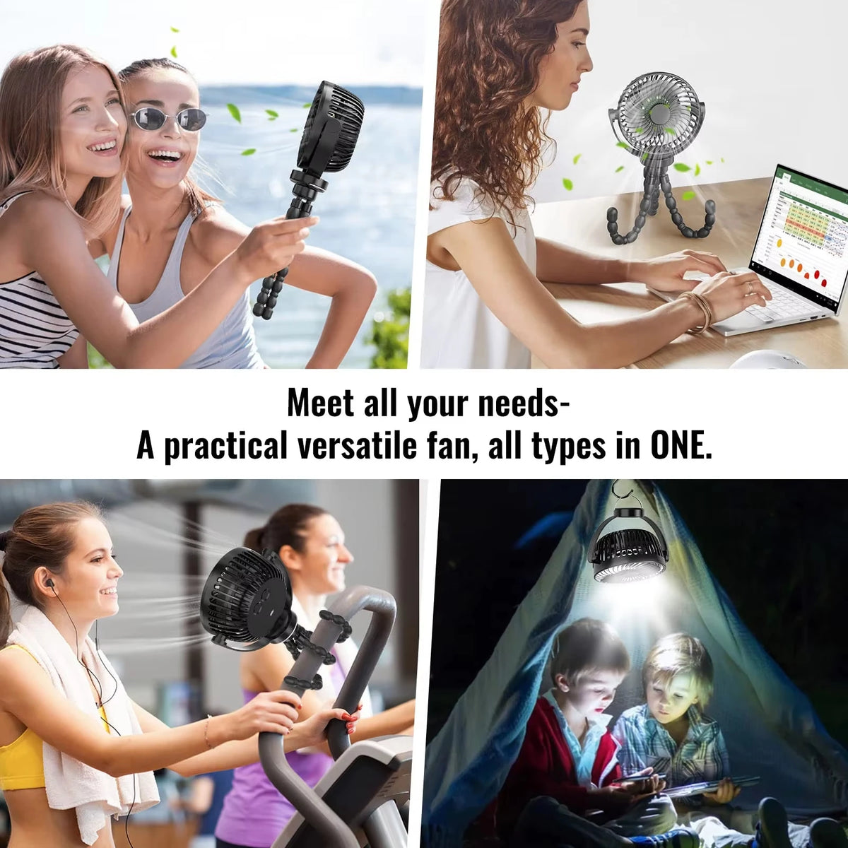 Ventilateur portable USB à 3 vitesses pour poussette avec lumière et support pour téléphone