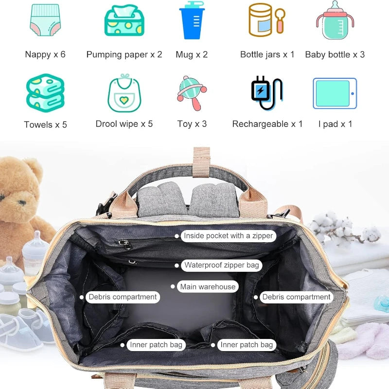 Sac à dos 35 L pour maman – Lit pliant, imperméable, chargement USB et sangle pour poussette