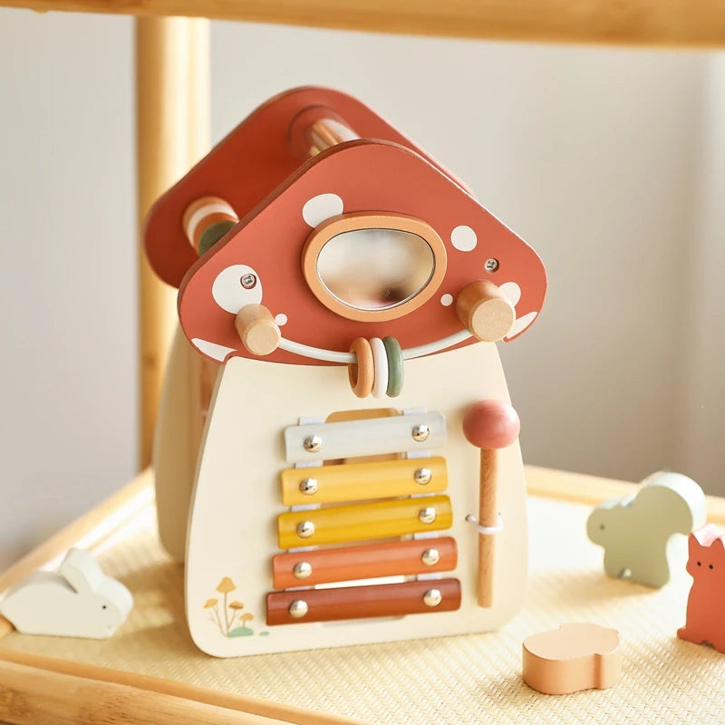 Montessori Wooden Mushroom Castle – 5-in-1 Stacking & Puzzle Toy