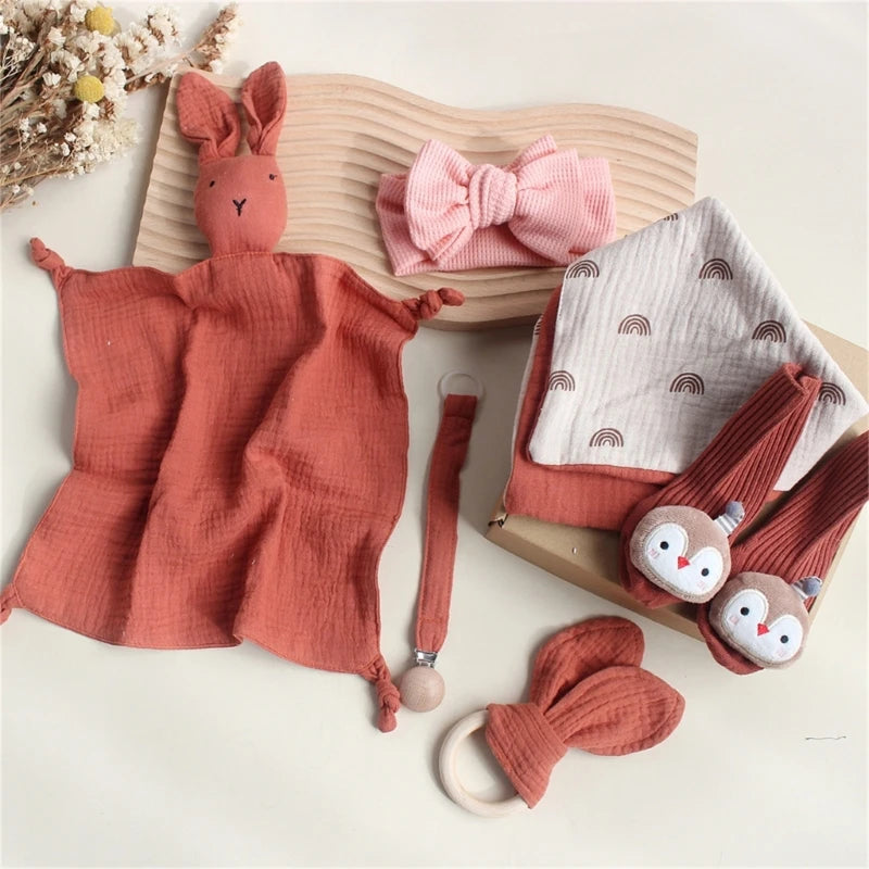 Newborn Baby Gift Set – Soft Cotton Towel, Rabbit Cuddle, Socks & Brush