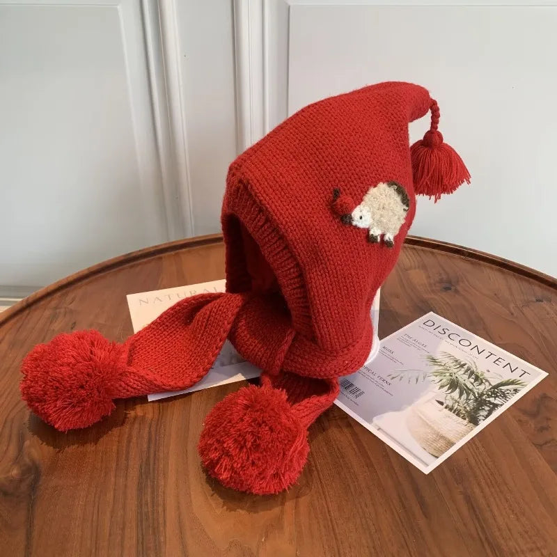Christmas Knit Hat & Scarf – Warm One-Piece Winter Cap for Kids