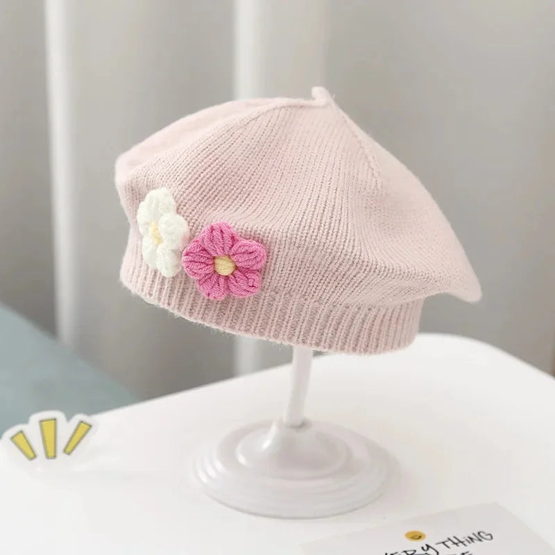 Cute Baby Girl Knitted Beret Hat with Small Flower