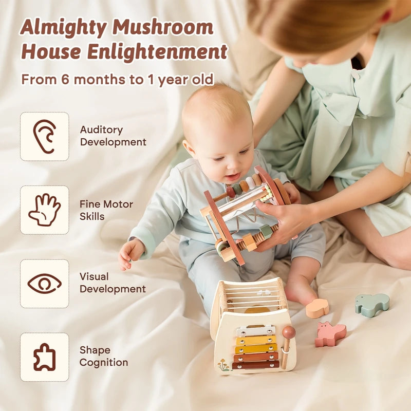 Montessori Wooden Mushroom Castle – 5-in-1 Stacking & Puzzle Toy