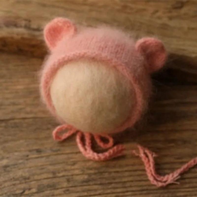 Bonnet tricoté pour nouveau-né en fil de vison duveteux avec oreilles, accessoire photo