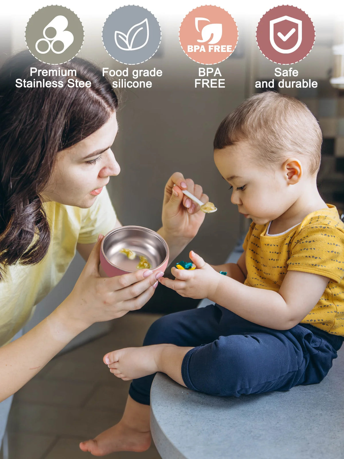 Assiette repas pour bébé en acier inoxydable – Base à ventouse antidérapante