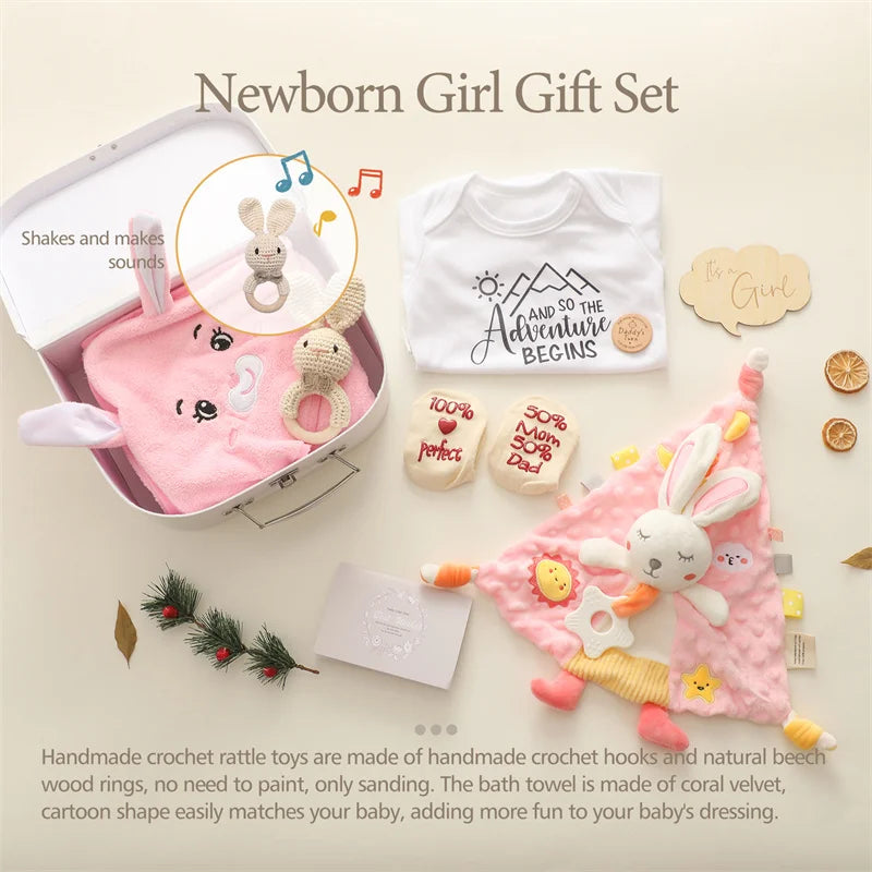 Baby Gift Set – Double-Sided Cotton Blanket, Milestone Cards & Rattle