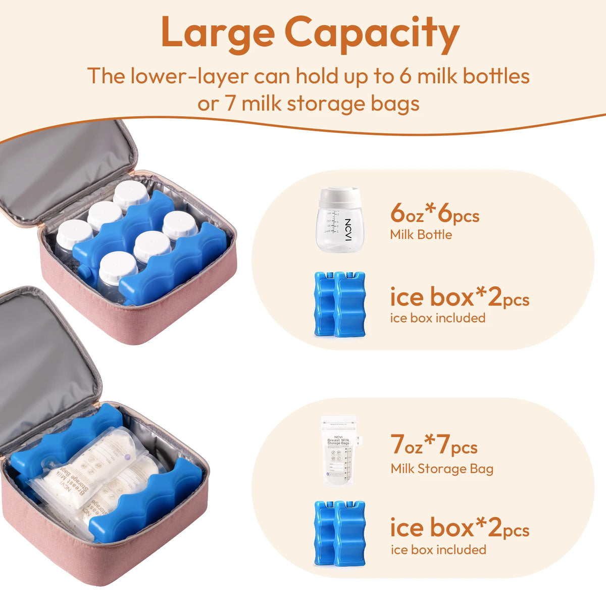 Sac pour tire-lait NCVI rose, sac à lait maternel double couche séparable