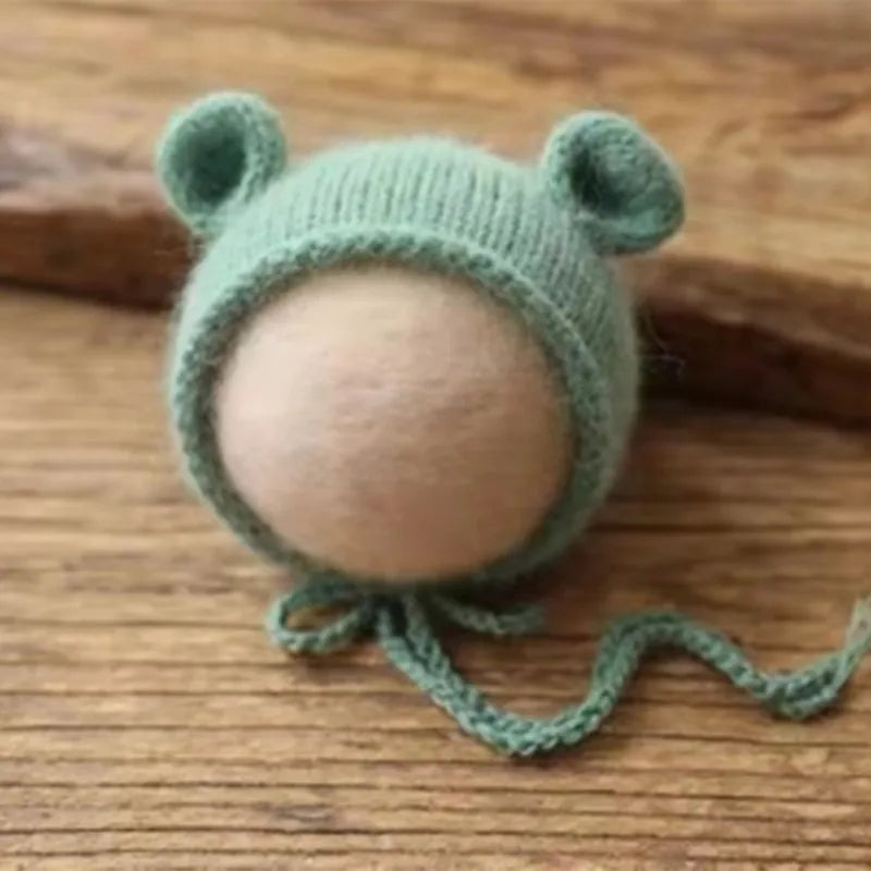 Bonnet tricoté pour nouveau-né en fil de vison duveteux avec oreilles, accessoire photo