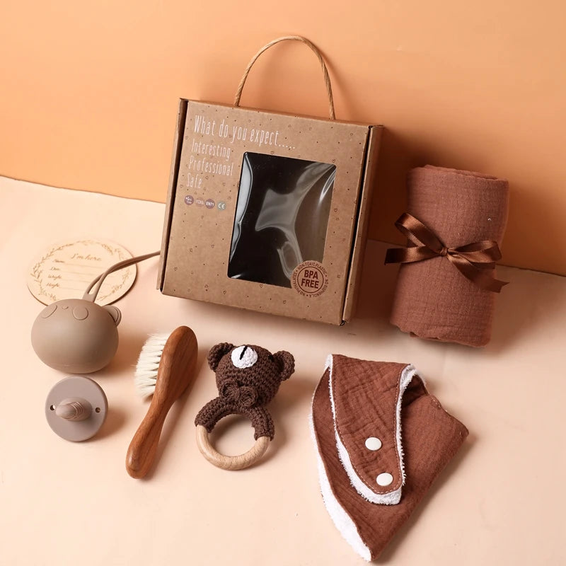 Baby Bath & Milestone Gift Set – Towel, Rattle, Pacifier & Cards