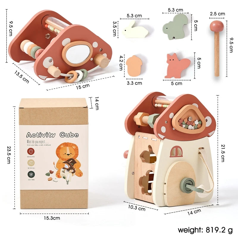 Montessori Wooden Mushroom Castle – 5-in-1 Stacking & Puzzle Toy
