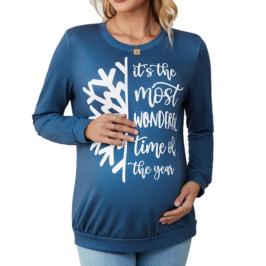 Navy Snowflake Maternity Sweater – Cozy Long-Sleeve Hoodie for Pregnant Women