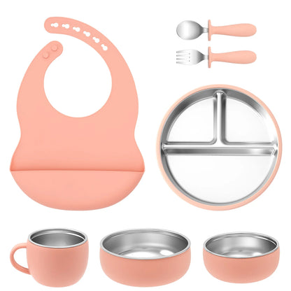 Ensemble d'alimentation pour bébé 7 pièces – Vaisselle en acier inoxydable et silicone
