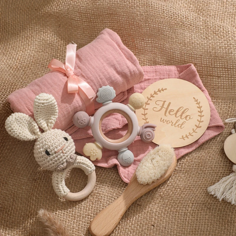 Coffret cadeau bain bébé et anneau de dentition – Jouets en silicone, hochet et cartes étapes