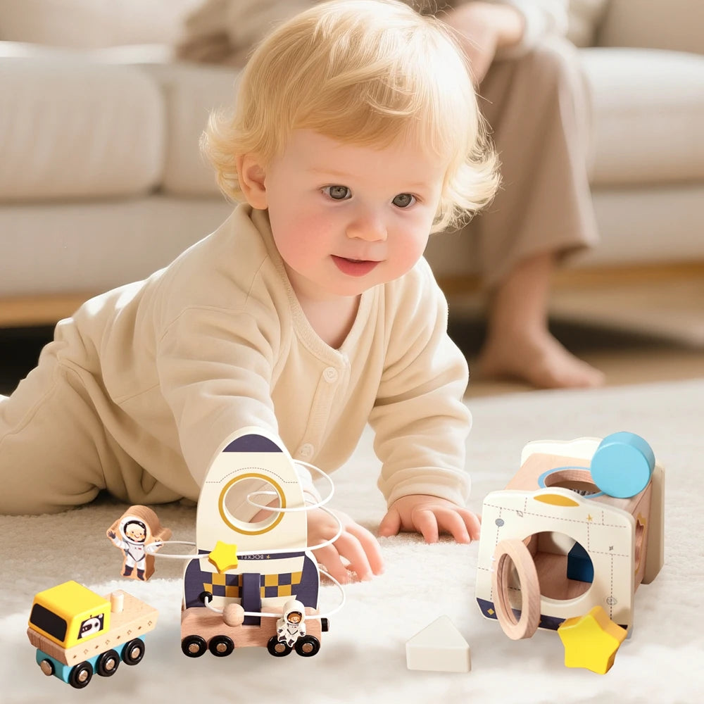 Montessori Wooden Space Set – Astronaut & Rocket Stacking Puzzle for Kids