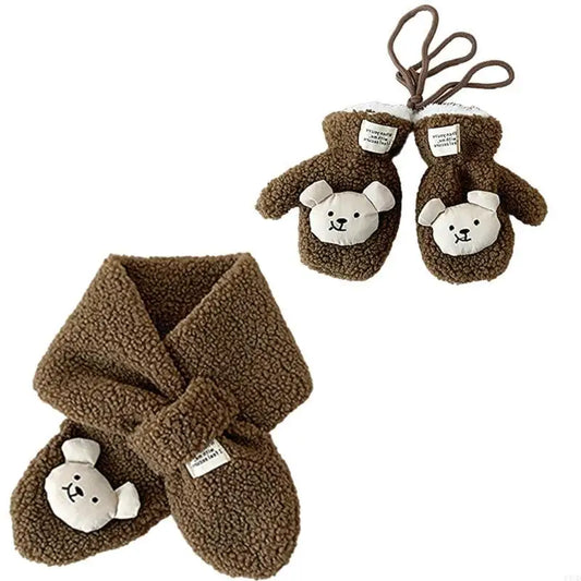 Y4UD Cosy Lamb Wool Kids Scarf and Gloves Set Baby Winter Essential with Cartoon Bear Designing for Warmth In Cold Weather