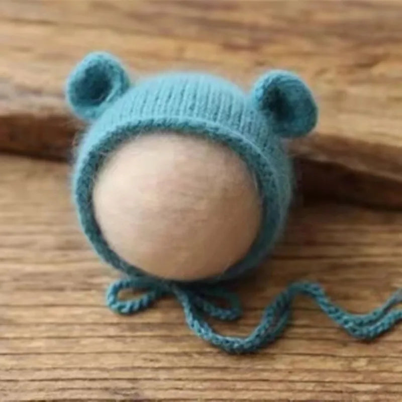 Bonnet tricoté pour nouveau-né en fil de vison duveteux avec oreilles, accessoire photo
