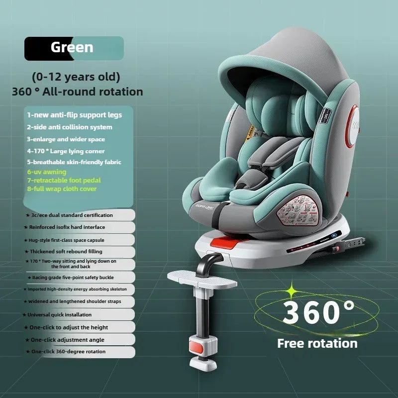Siège auto bébé pivotant à 360° avec fixation ISOFIX et support