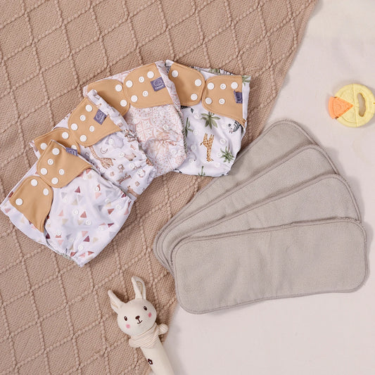 Washable Baby Diapers Set – 4 Cloth Nappies with Inserts, 3–15kg