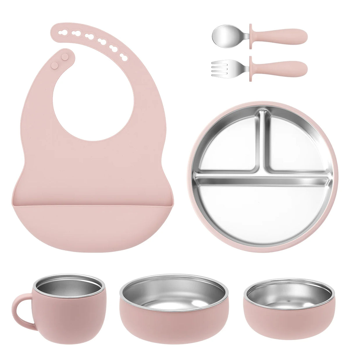 Ensemble d'alimentation pour bébé 7 pièces – Vaisselle en acier inoxydable et silicone