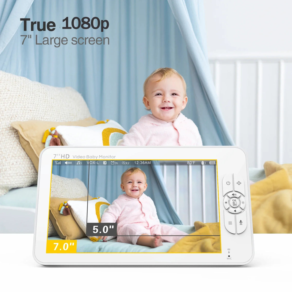 Babyphone HD avec télécommande, zoom, panoramique et inclinaison, batterie 4000 mAh