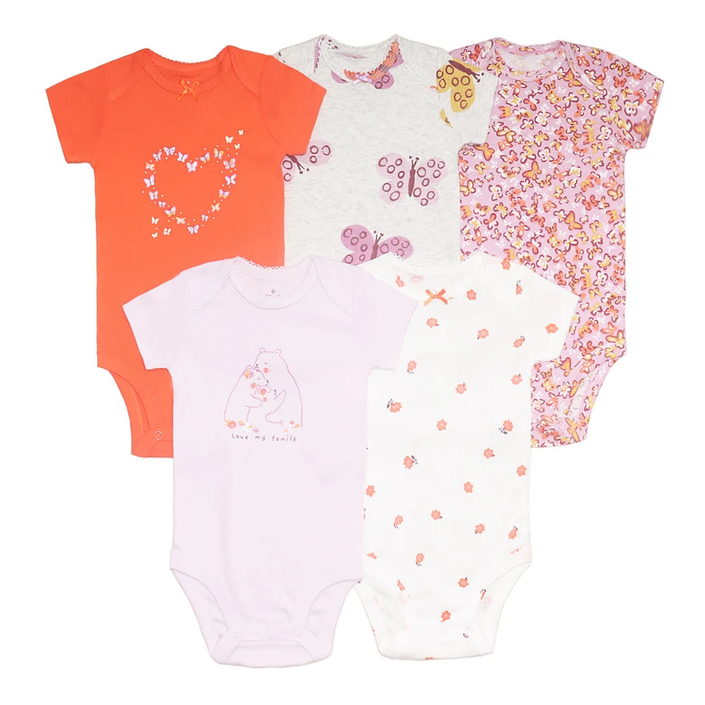 Ensemble de 5 bodies pour nouveau-né – Combinaisons en coton à manches courtes (0–24 mois)