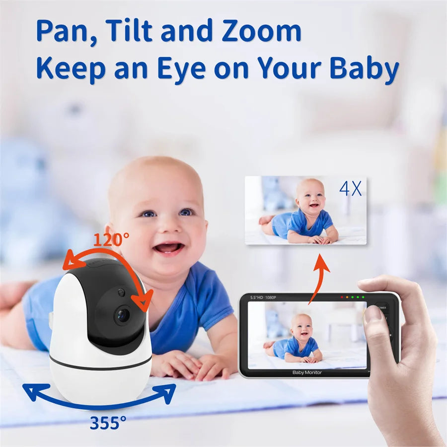 Babyphone PTZ 5,5 pouces, portée de 300 m, vision nocturne, berceuses