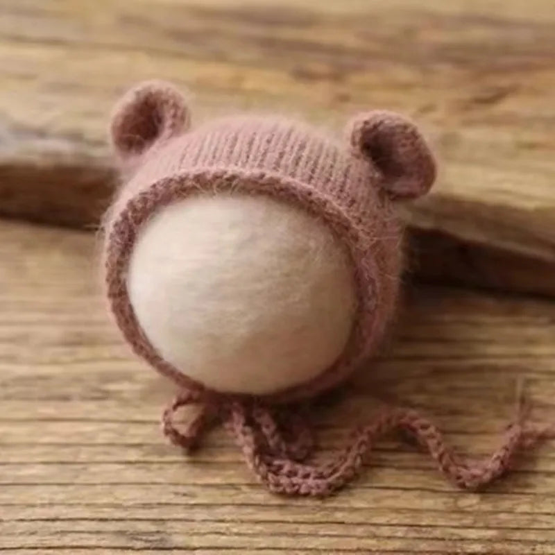 Bonnet tricoté pour nouveau-né en fil de vison duveteux avec oreilles, accessoire photo