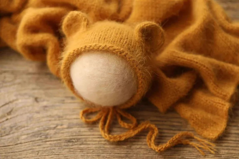 Bonnet tricoté pour nouveau-né en fil de vison duveteux avec oreilles, accessoire photo