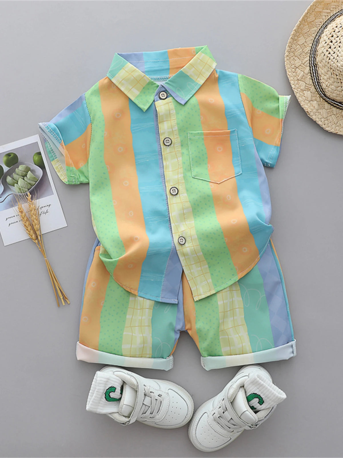 2-Piece Baby Summer Outfit – Vertical Stripe Shirt & Shorts Set