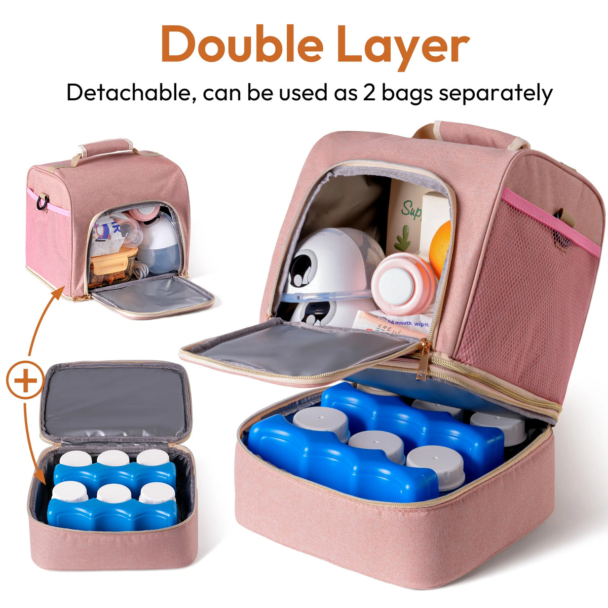 Sac pour tire-lait NCVI rose, sac à lait maternel double couche séparable