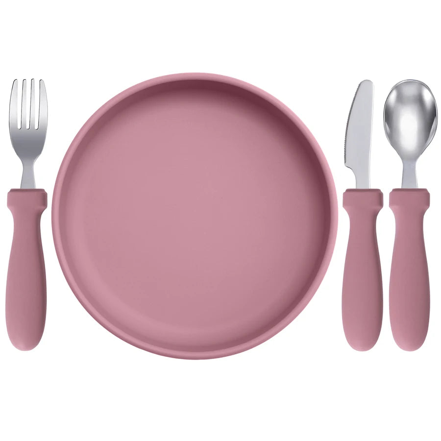 Ensemble d'alimentation pour bébé – Assiette, cuillère et fourchette en silicone