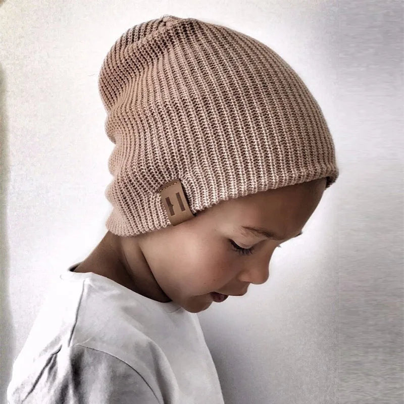 Baby Knit Hat with Leather Label Winter Family Beanie