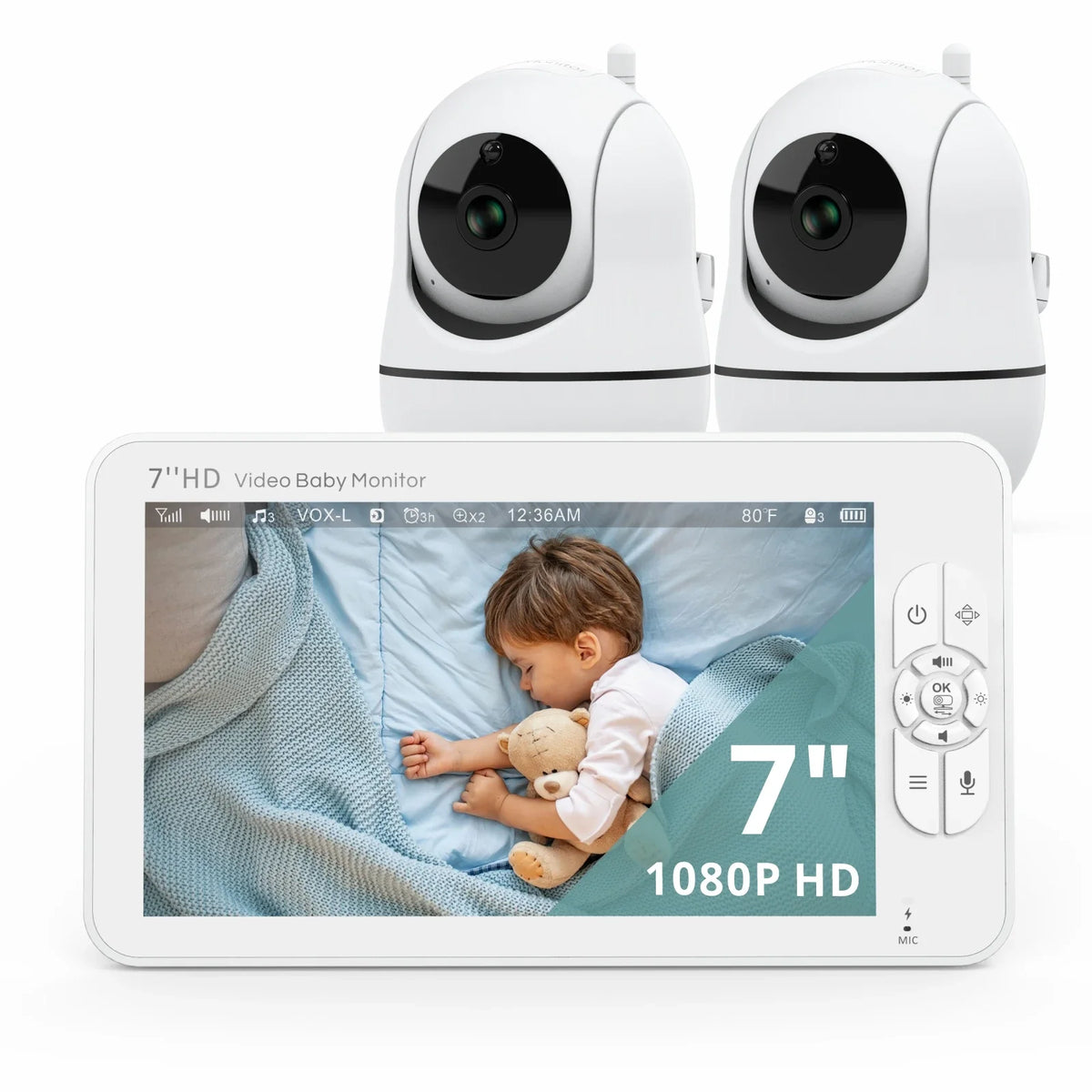 Babyphone HD avec télécommande, zoom, panoramique et inclinaison, batterie 4000 mAh