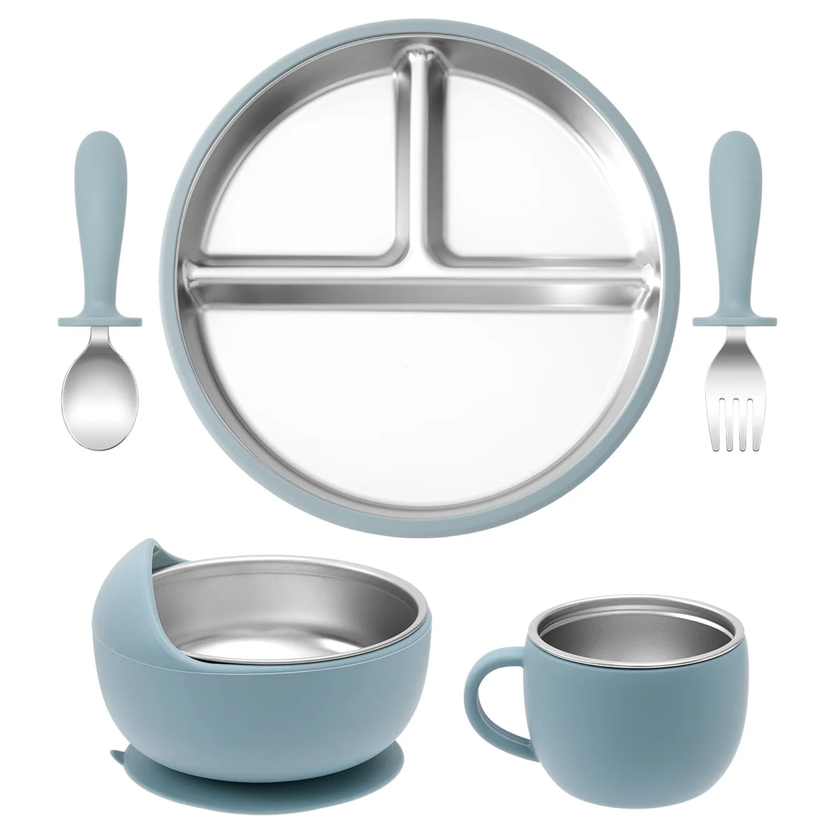 Ensemble repas bébé sans BPA – Assiette, bol, tasse et couverts détachables