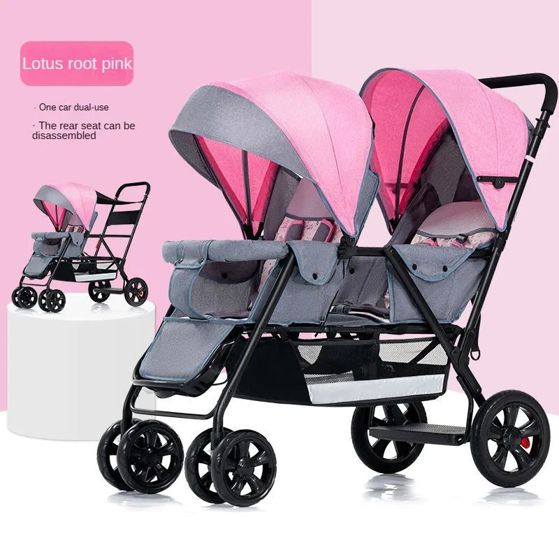 Poussette double multifonctionnelle pour jumeaux – Poussette double légère et pliable, à quatre roues