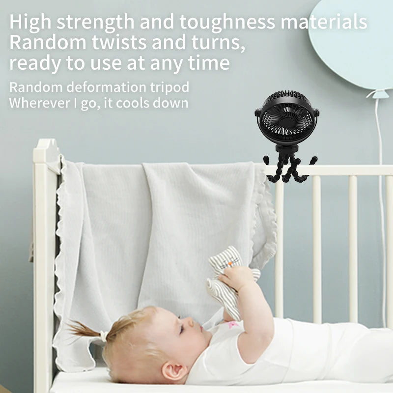 Mini Portable 3-Speed Stroller Fan – 360° Rotatable & Rechargeable 5000mAh