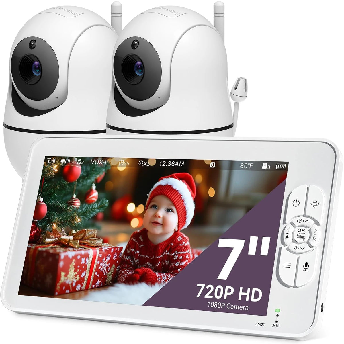 Babyphone double caméra 7 pouces – Écran partagé, PTZ, vision nocturne automatique