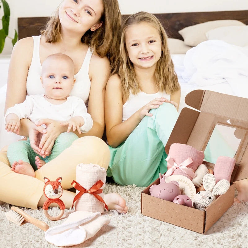 Baby Bath & Milestone Gift Set – Towel, Rattle, Pacifier & Cards