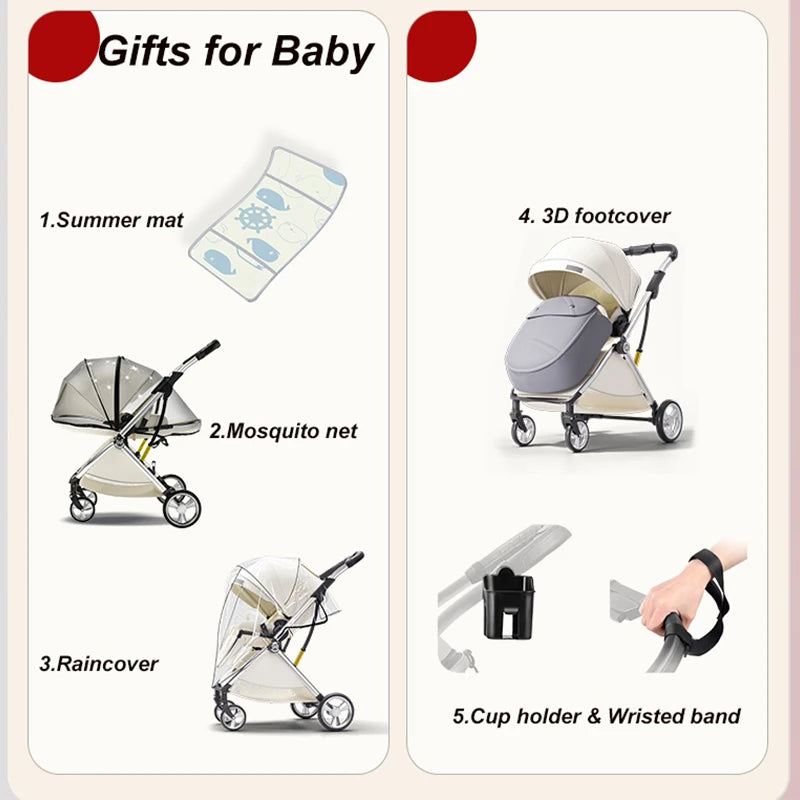 Luxury High-View Baby Stroller – Egg-Shaped Seat, One-Hand Recline, Compact Pram