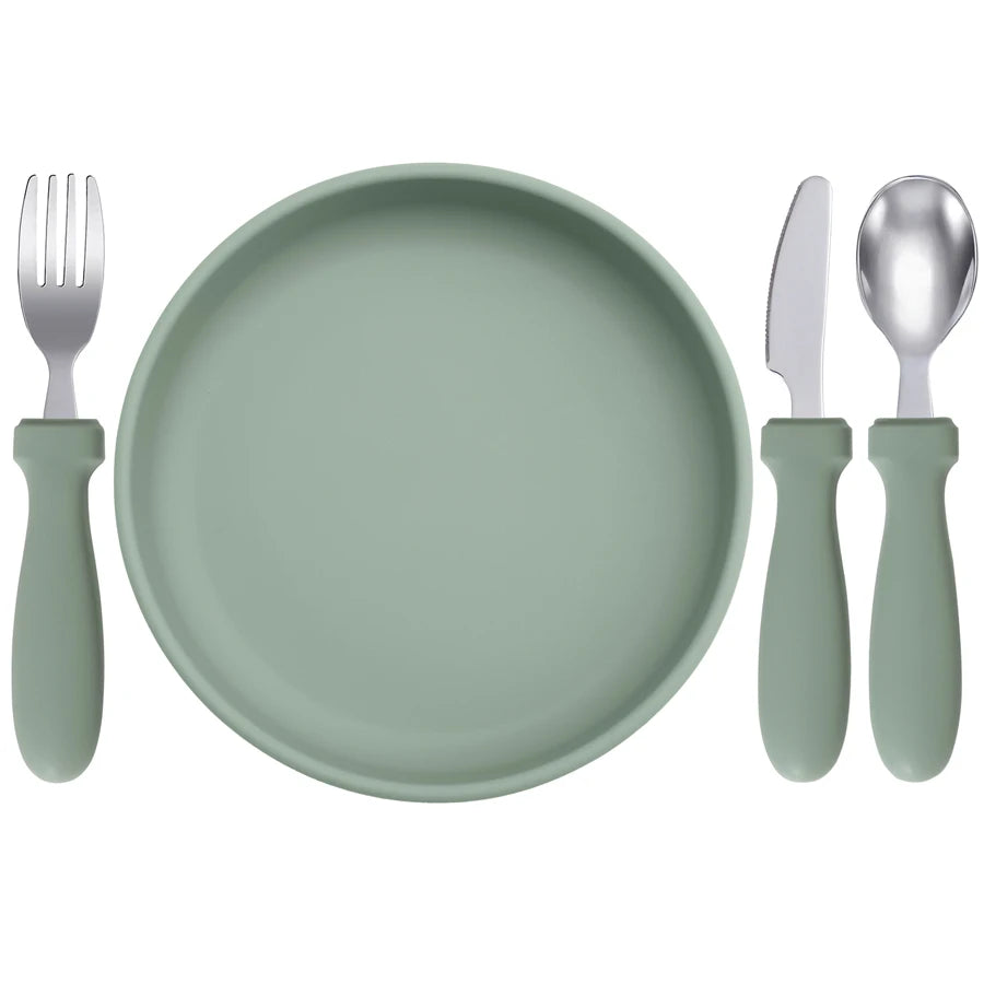 Ensemble d'alimentation pour bébé – Assiette, cuillère et fourchette en silicone