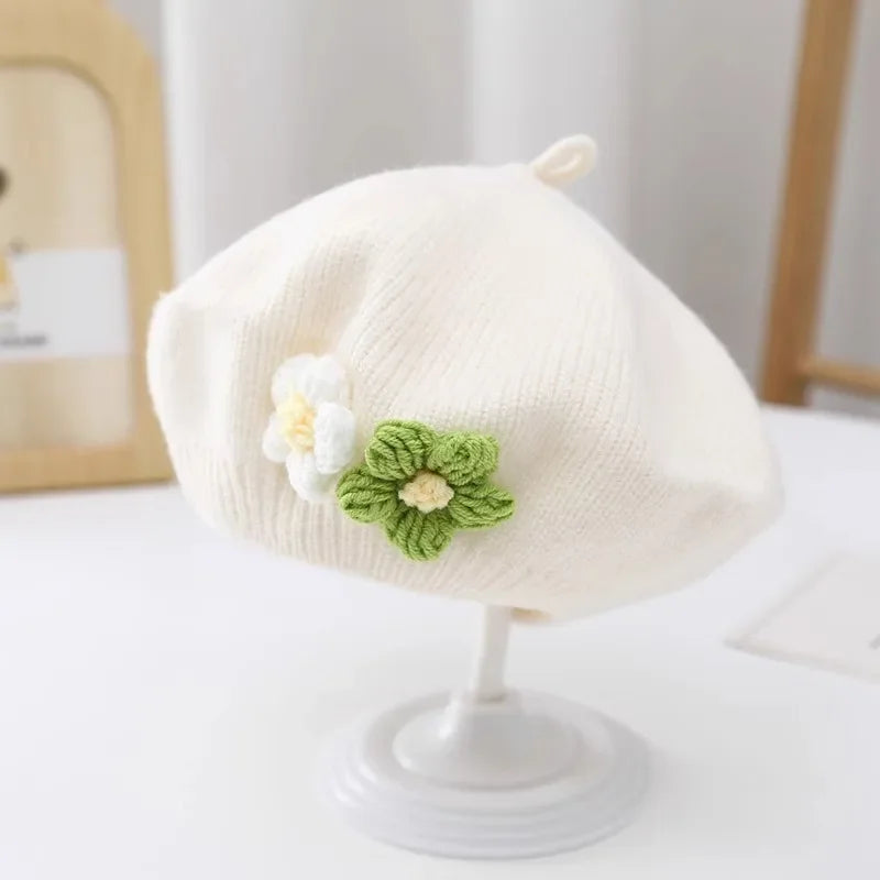 Cute Baby Girl Knitted Beret Hat with Small Flower