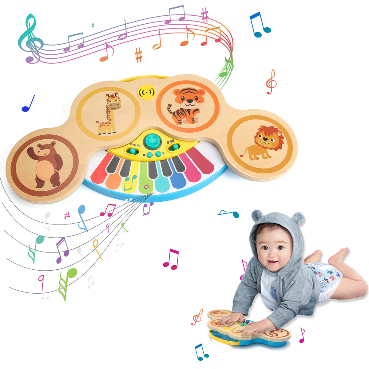 Piano et batterie en bois 2 en 1 – Lumières et musique pour s'amuser !
