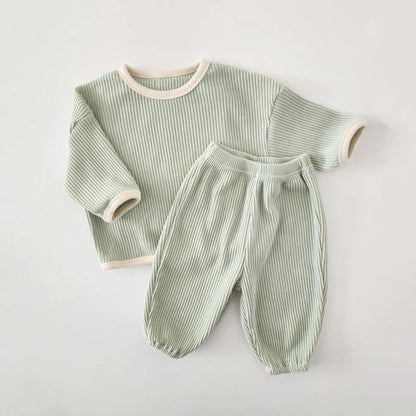 Korean Style Kids Outfit – Waffle Pullover & Pants Set for Boys & Girls
