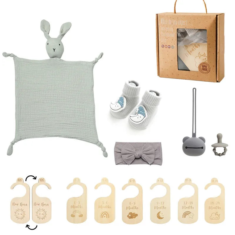 Newborn Bath Gift Set – Cotton Blanket, Milestone Cards & Rattle