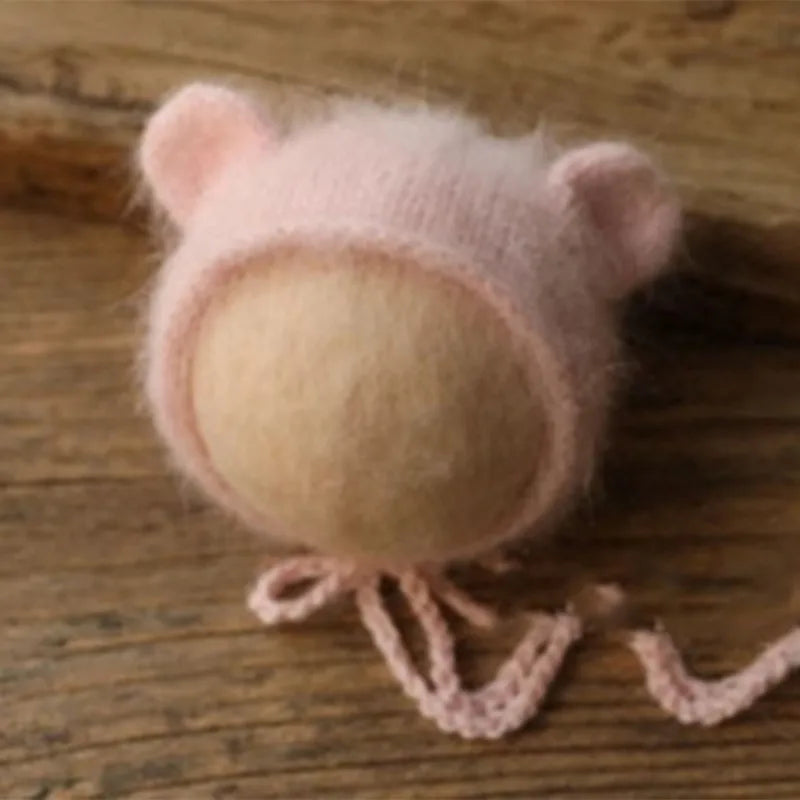 Bonnet tricoté pour nouveau-né en fil de vison duveteux avec oreilles, accessoire photo