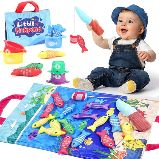 Jeu de pêche en peluche et de gobelets empilables – Apprentissage Montessori pour les tout-petits de 1 à 3 ans