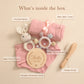 Coffret cadeau bain bébé et anneau de dentition – Jouets en silicone, hochet et cartes étapes
