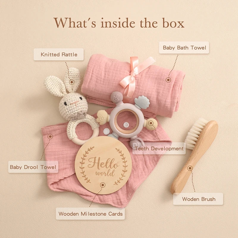 Coffret cadeau bain bébé et anneau de dentition – Jouets en silicone, hochet et cartes étapes