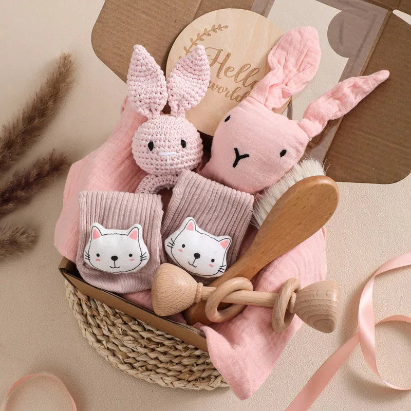 Newborn Bath Gift Set – Cotton Blanket, Milestone Cards & Rattle