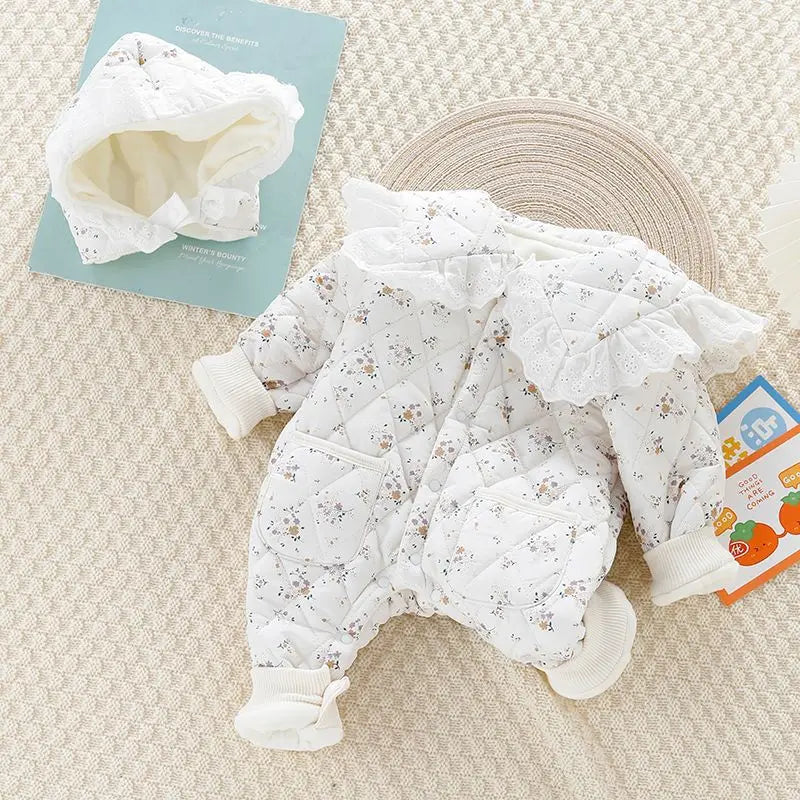 Ensemble 2 pièces pour bébé : barboteuse fleurie mignonne, combinaison rembourrée en polaire à motif losanges avec chapeau, vêtements d'extérieur épais pour tout-petit (0-2 ans).